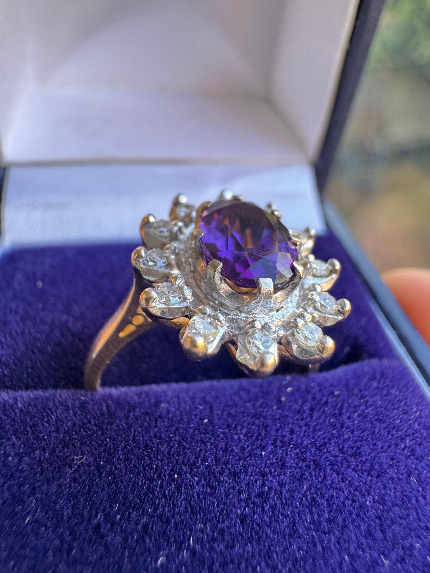 18ct Yellow Gold Platinum Amethyst Diamond Halo Ring
