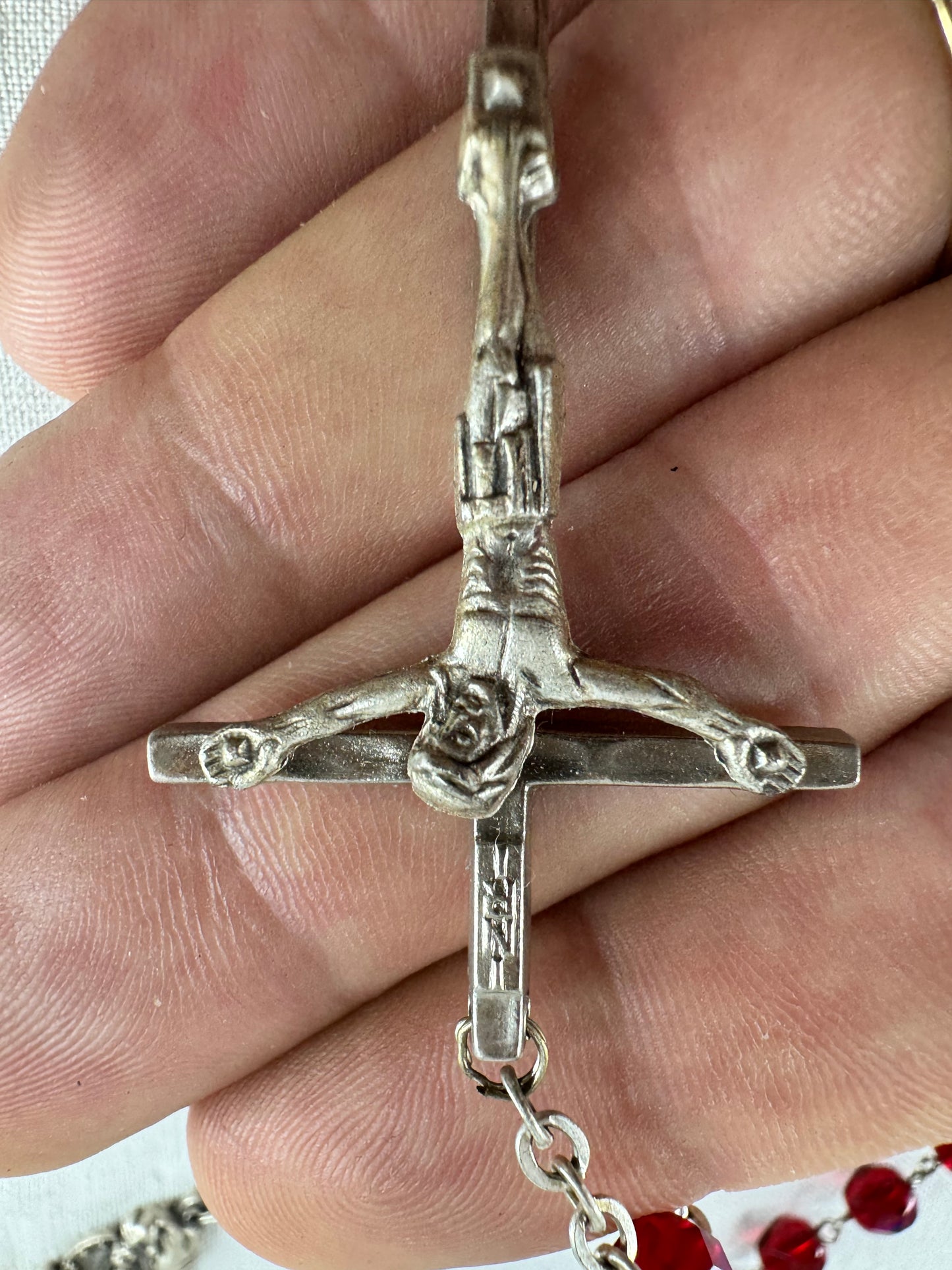 Vintage Italian beaded Catholic Crucifix St Mary Necklace (SICILY HOUSE)