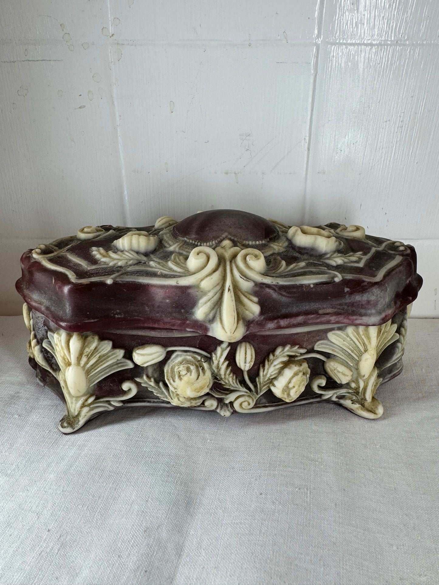 Vintage Incolay Stone Hand Carved Roses 7.5”x3.5” Hinged Jewellery Trinket Box