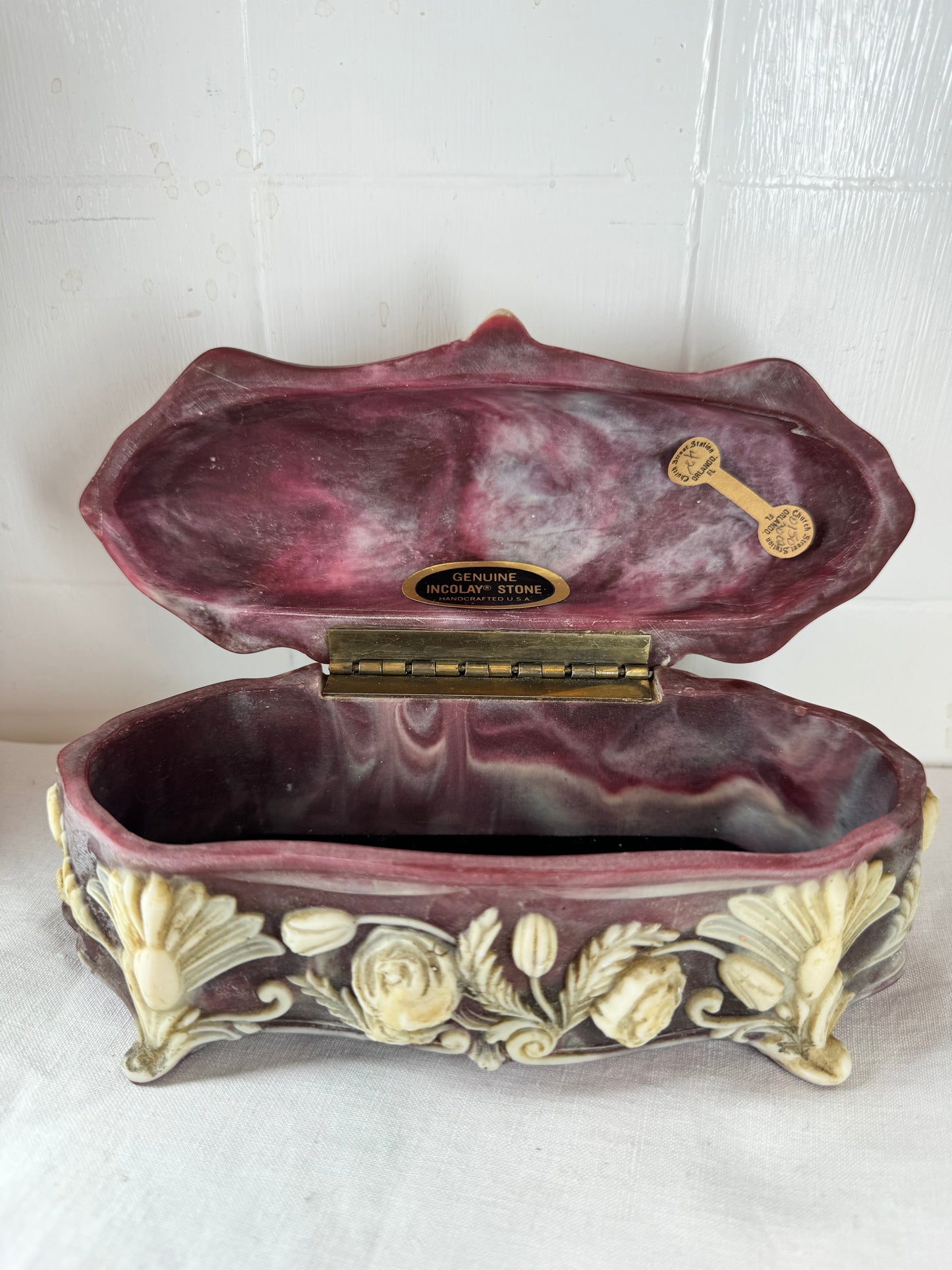 Vintage Incolay Stone Hand Carved Roses 7.5”x3.5” Hinged Jewellery Trinket Box