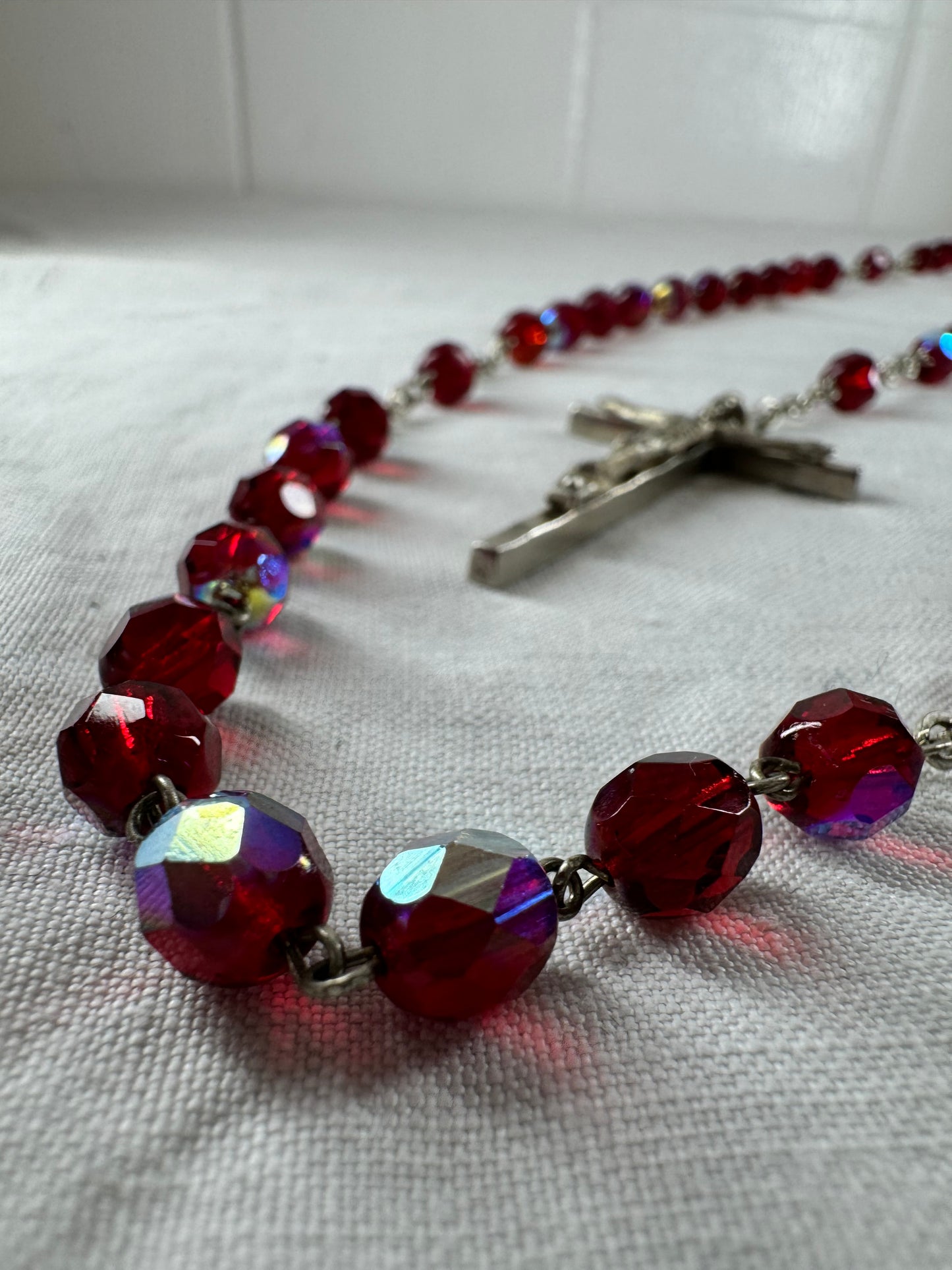 Vintage Italian beaded Catholic Crucifix St Mary Necklace (SICILY HOUSE)