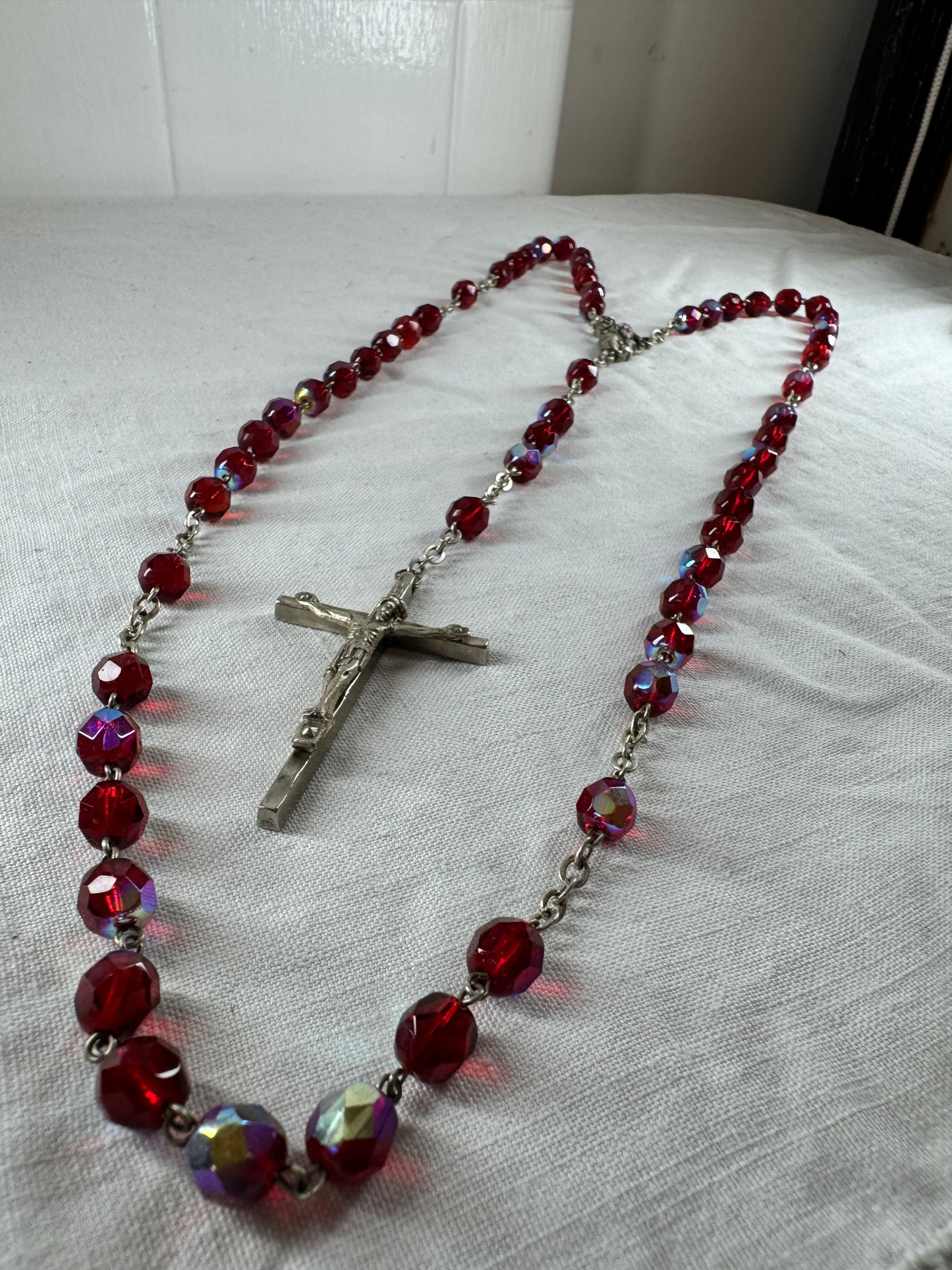 Vintage Italian beaded Catholic Crucifix St Mary Necklace (SICILY HOUSE)