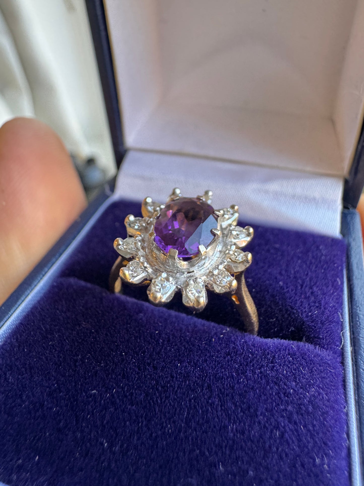 18ct Yellow Gold Platinum Amethyst Diamond Halo Ring