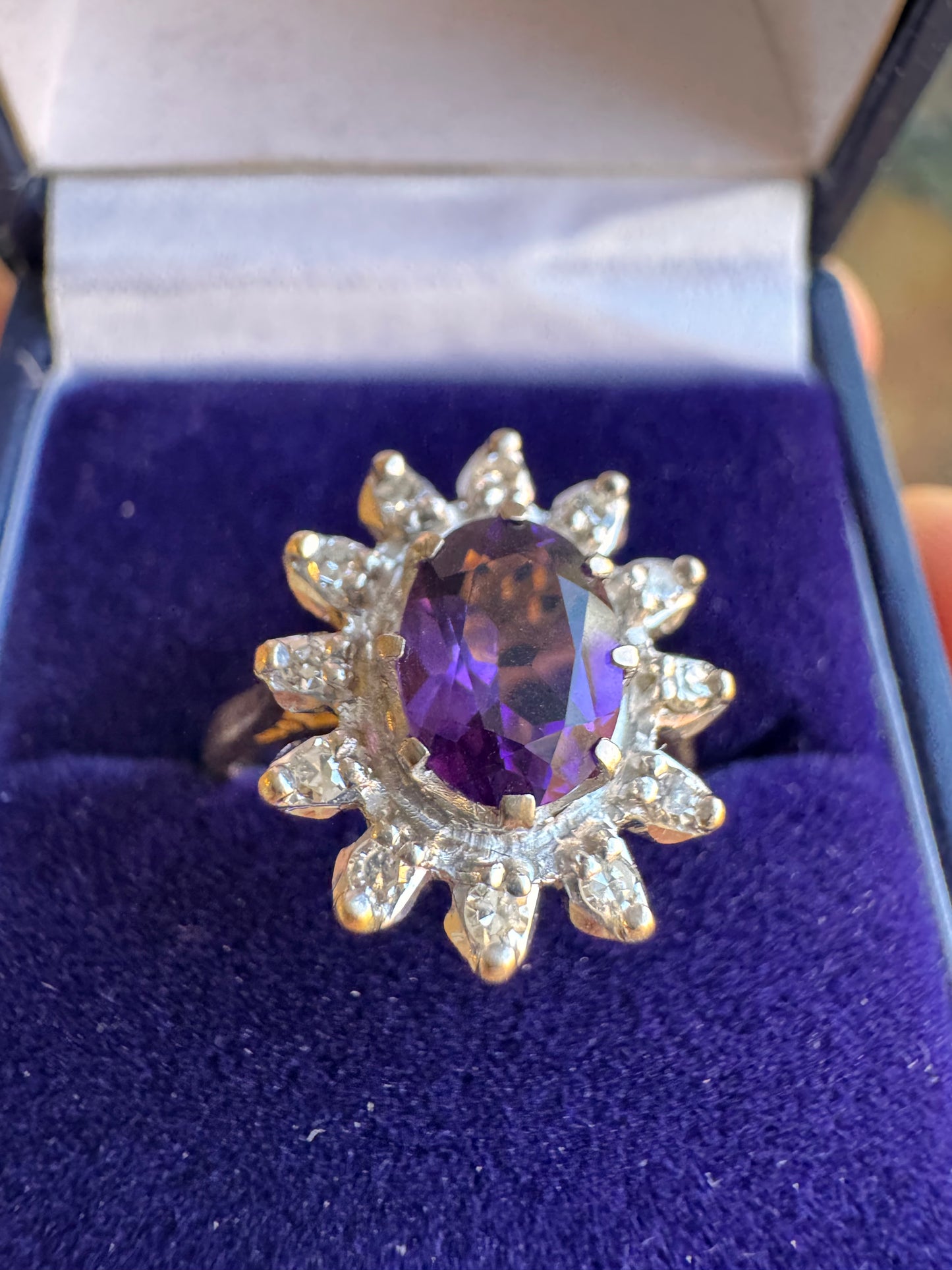 18ct Yellow Gold Platinum Amethyst Diamond Halo Ring