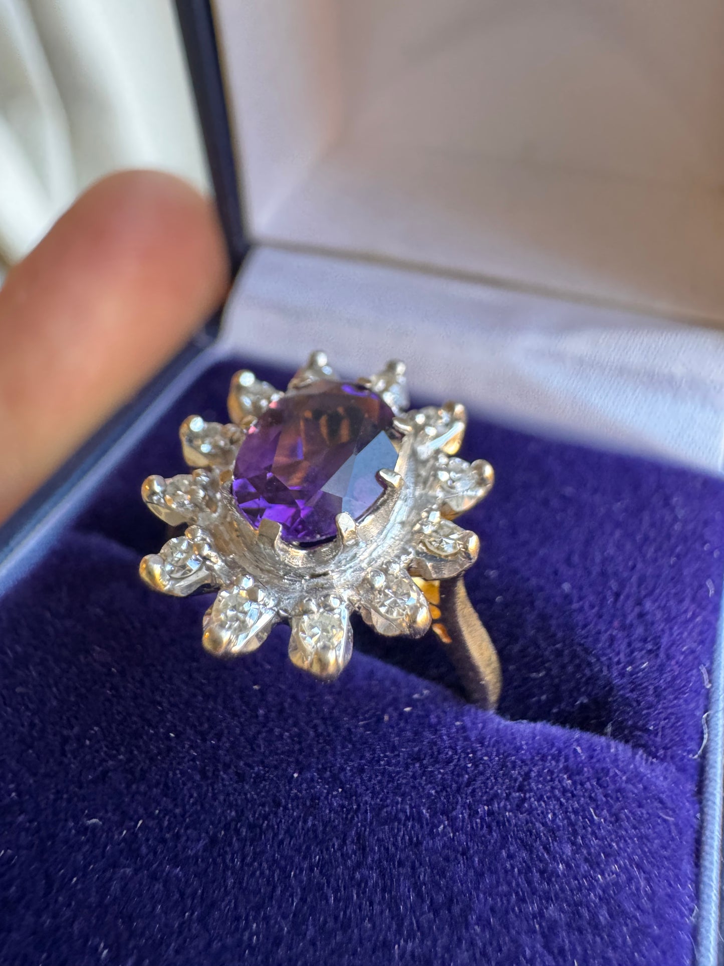 18ct Yellow Gold Platinum Amethyst Diamond Halo Ring