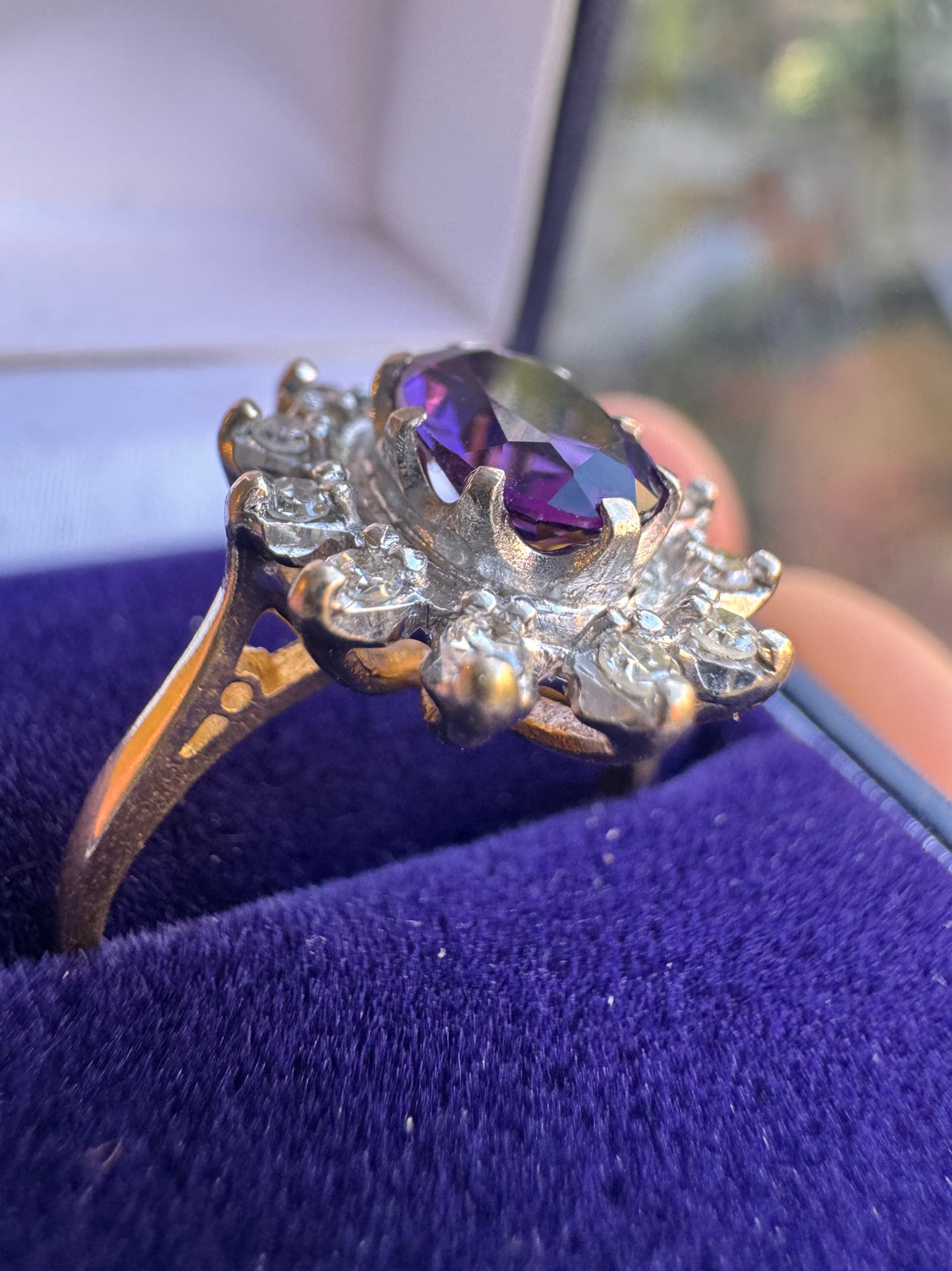 18ct Yellow Gold Platinum Amethyst Diamond Halo Ring