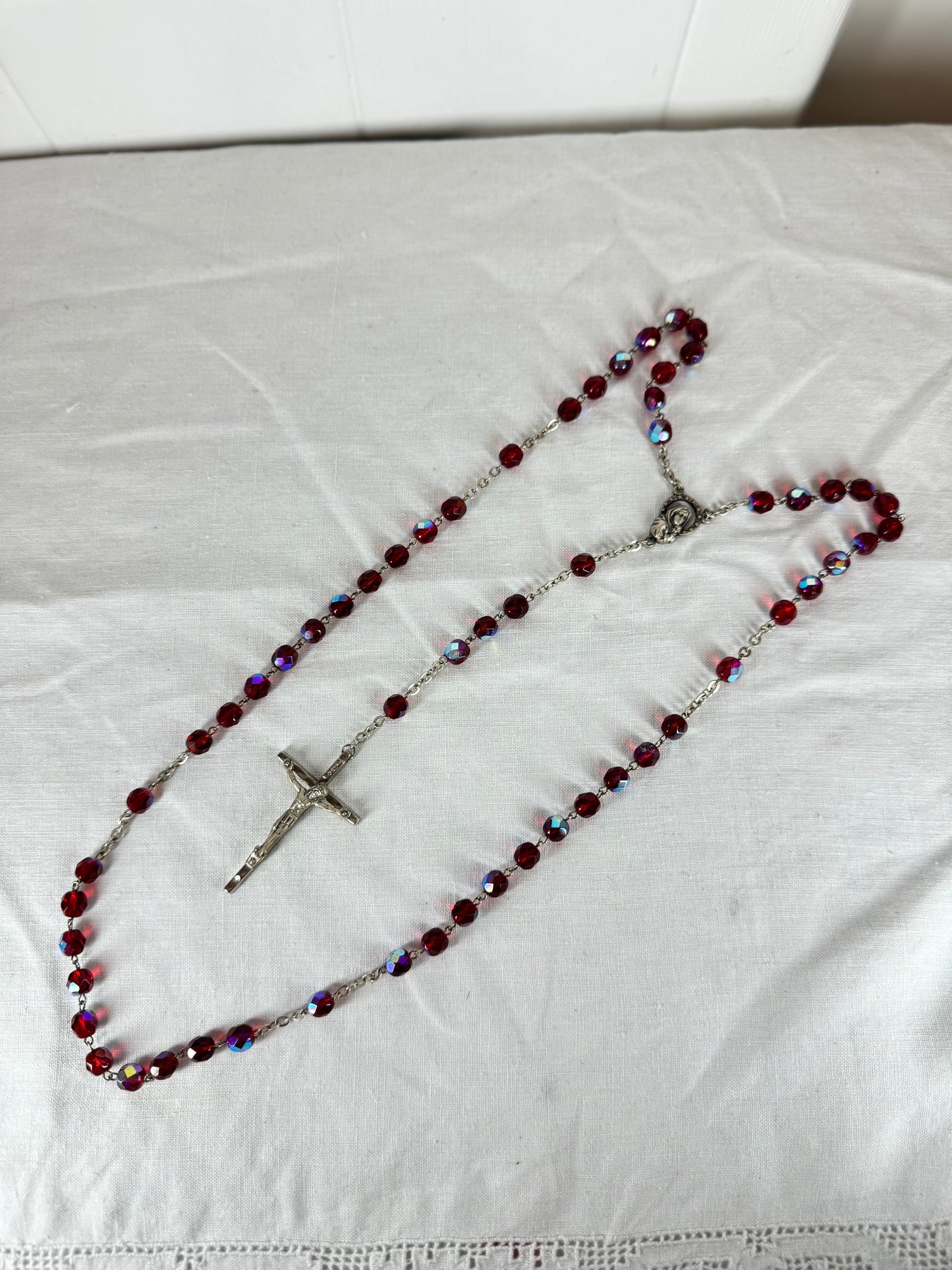 Vintage Italian beaded Catholic Crucifix St Mary Necklace (SICILY HOUSE)