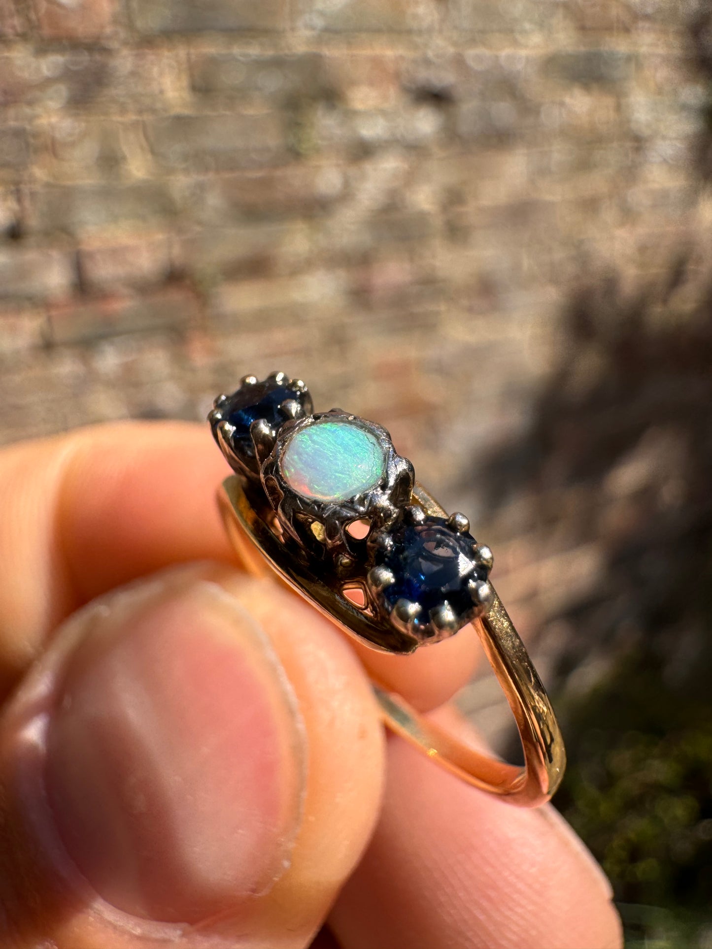 Antique 18ct Opal Sapphire Trilogy Yellow Gold Ring