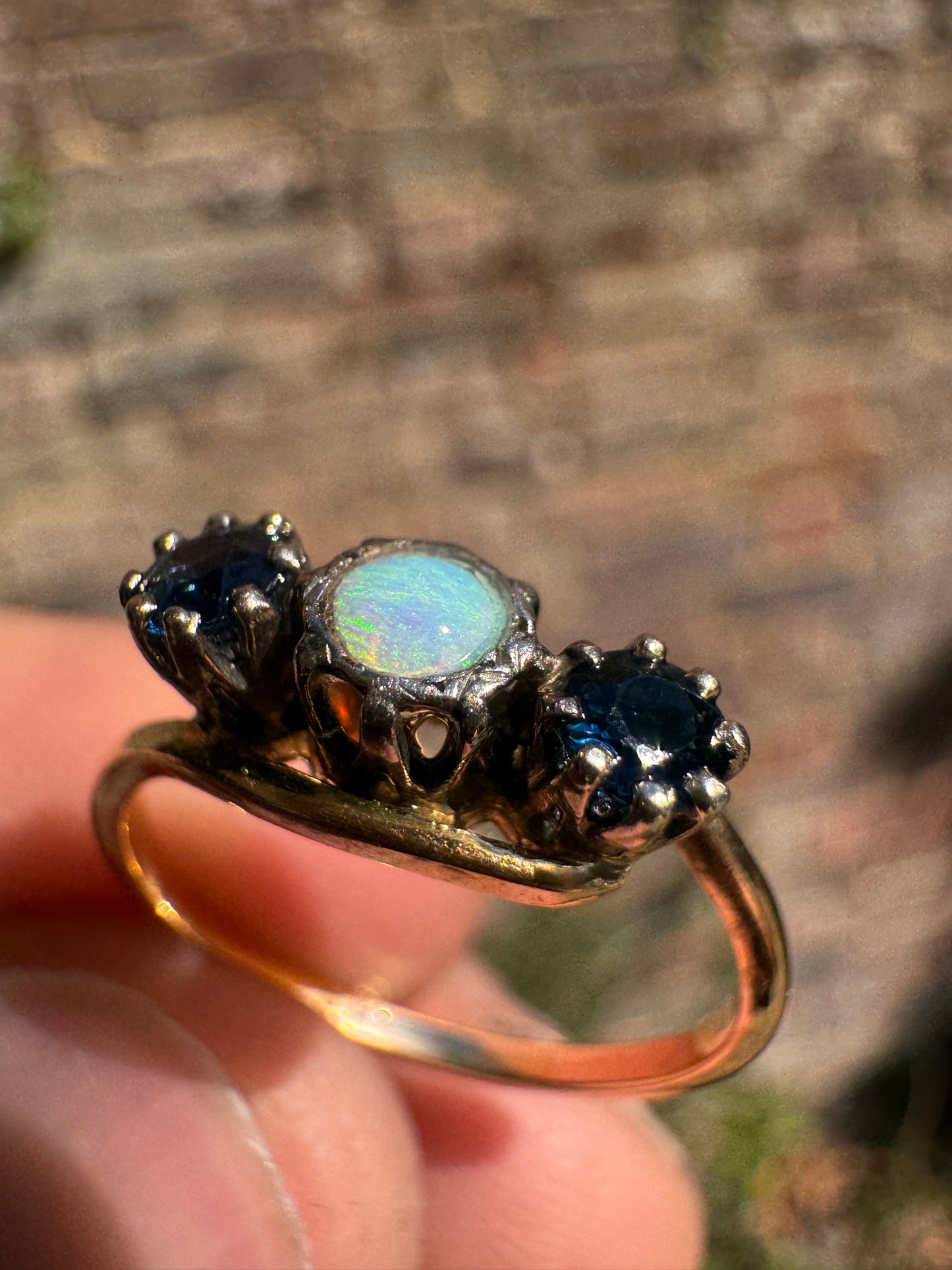 Antique 18ct Opal Sapphire Trilogy Yellow Gold Ring