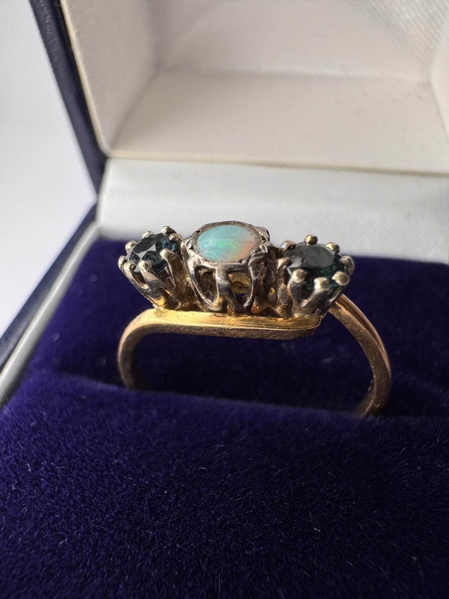 Antique 18ct Opal Sapphire Trilogy Yellow Gold Rin