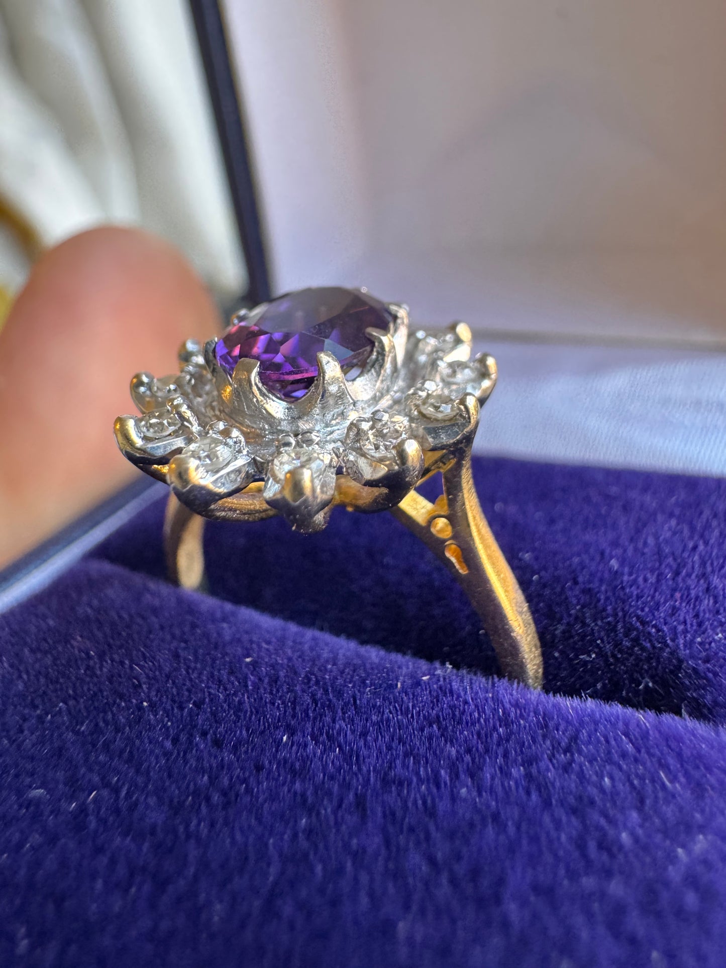 18ct Yellow Gold Platinum Amethyst Diamond Halo Ring