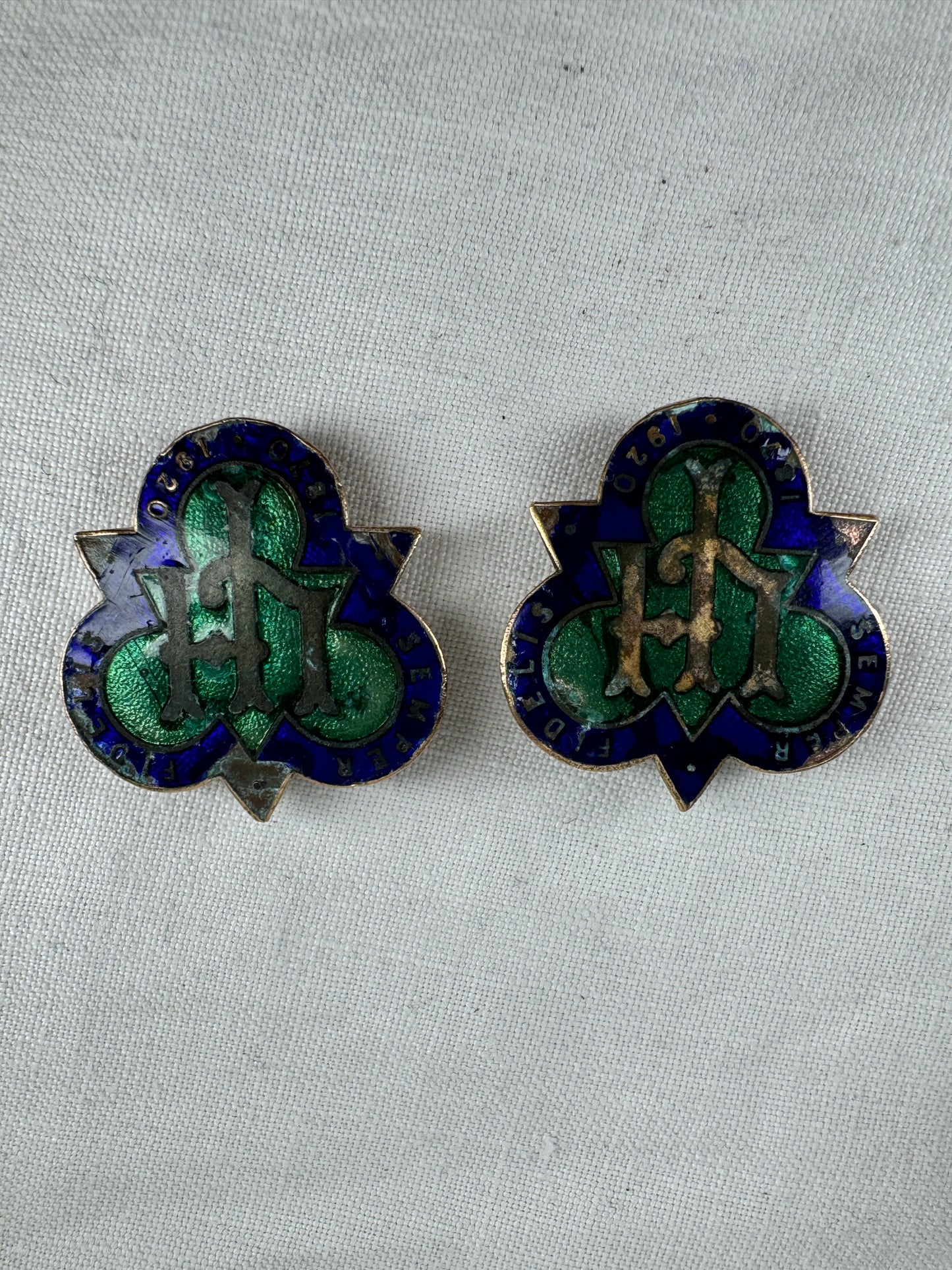 Two antique enamelled badges marked 'SEMPER FIDELIS 1870-1920' centrally 'L H'.