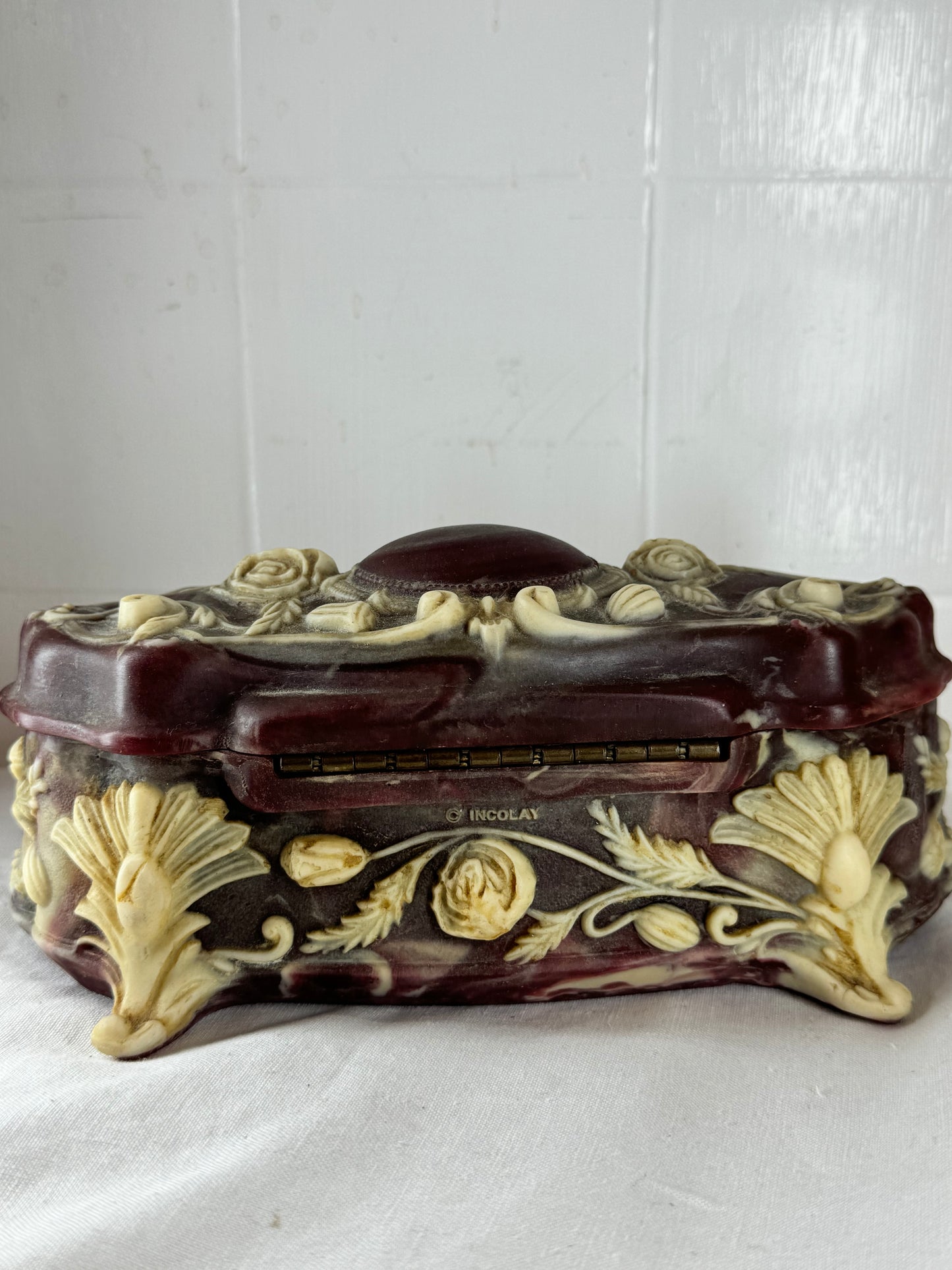 Vintage Incolay Stone Hand Carved Roses 7.5”x3.5” Hinged Jewellery Trinket Box