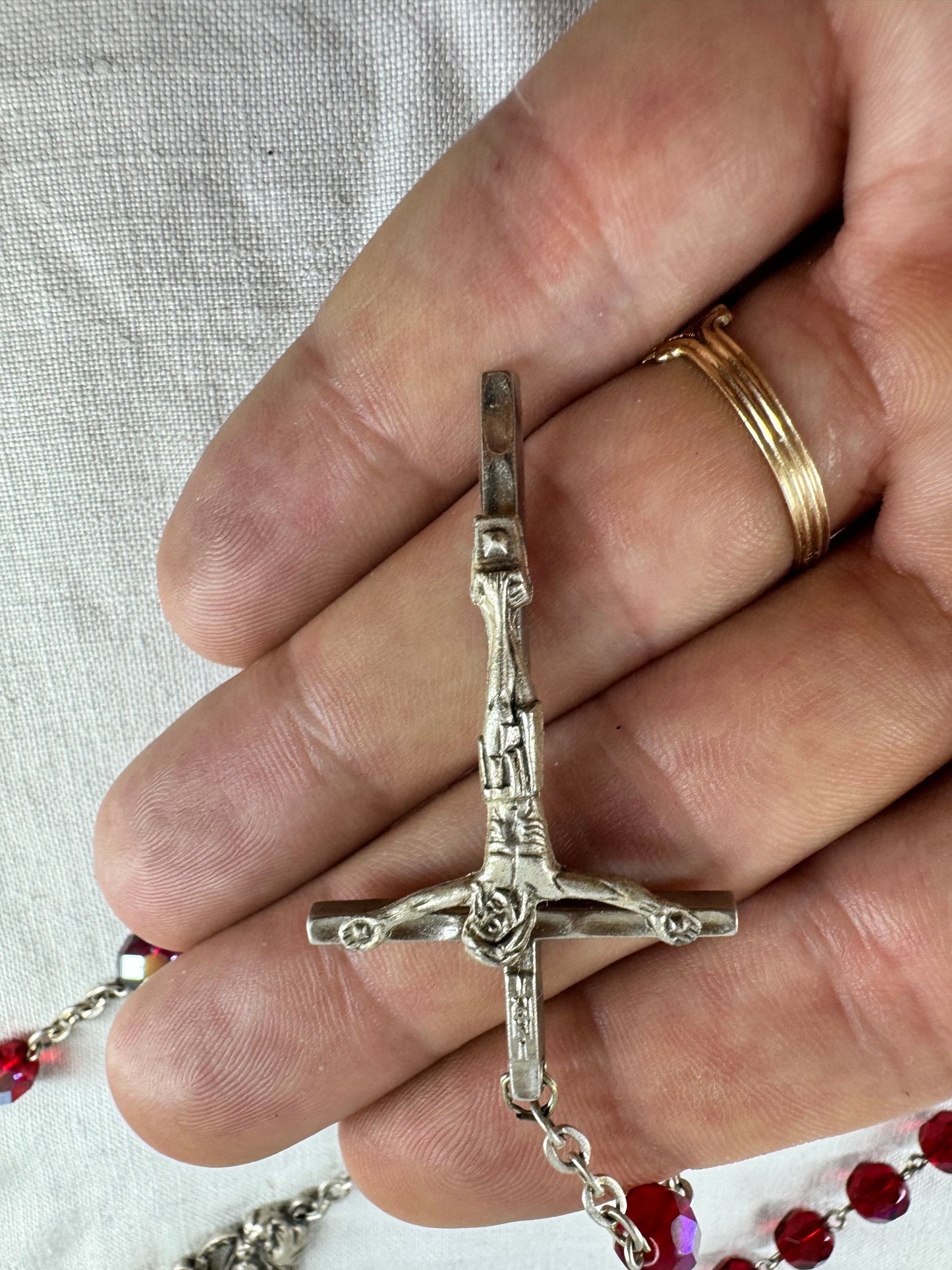 Vintage Italian beaded Catholic Crucifix St Mary Necklace (SICILY HOUSE)