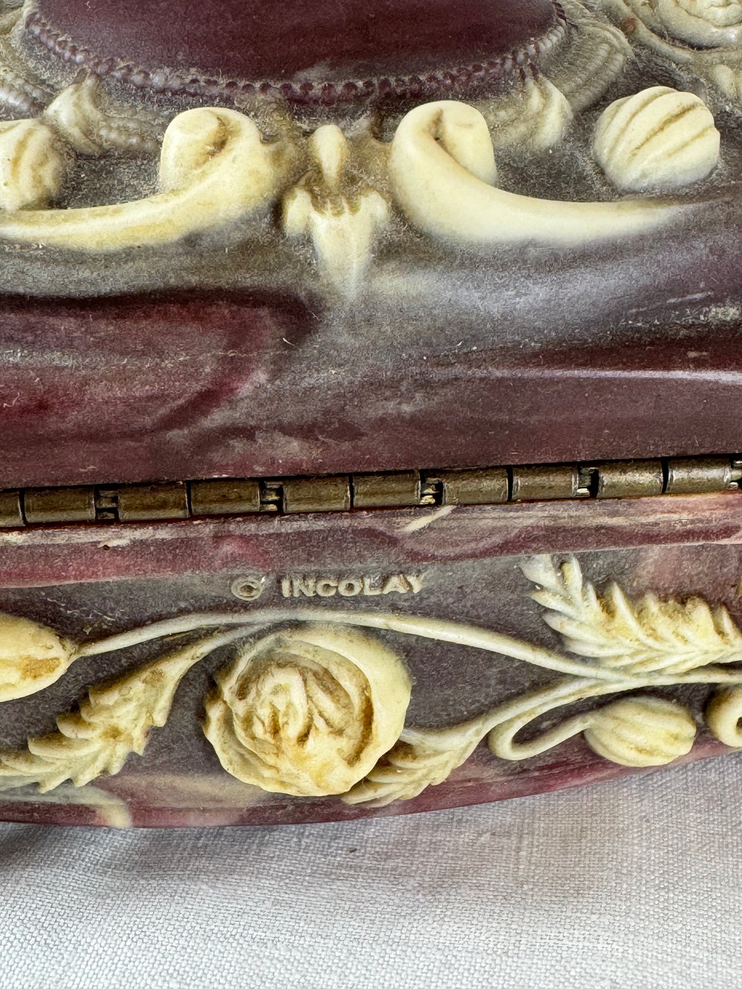 Vintage Incolay Stone Hand Carved Roses 7.5”x3.5” Hinged Jewellery Trinket Box