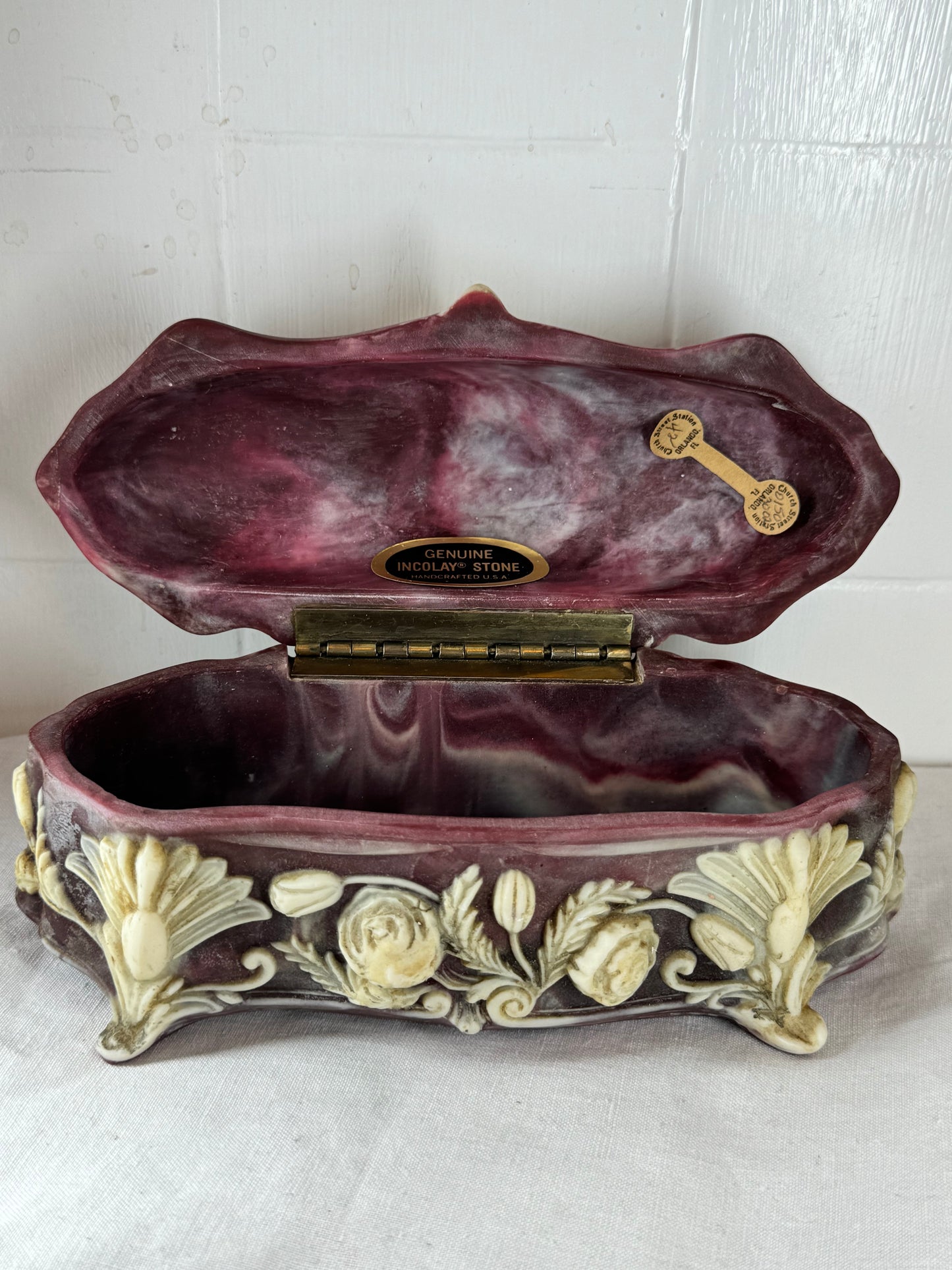 Vintage Incolay Stone Hand Carved Roses 7.5”x3.5” Hinged Jewellery Trinket Box