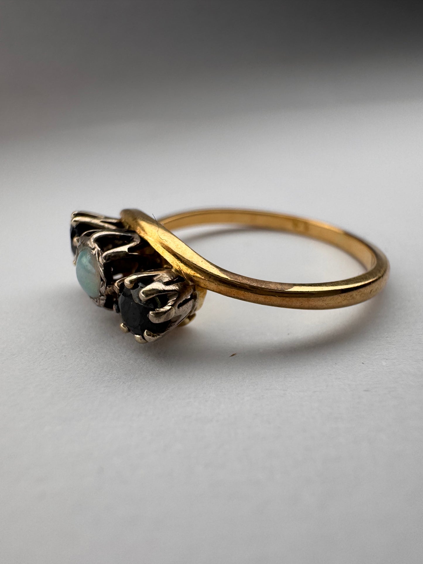 Antique 18ct Opal Sapphire Trilogy Yellow Gold Rin
