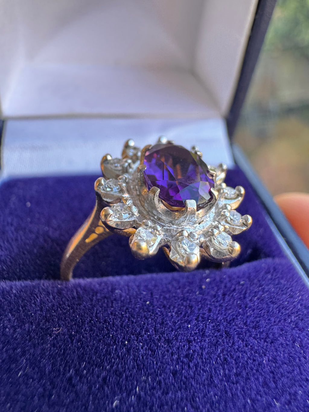 18ct Yellow Gold Platinum Amethyst Diamond Halo Ring