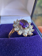 18ct Yellow Gold Platinum Amethyst Diamond Halo Ring
