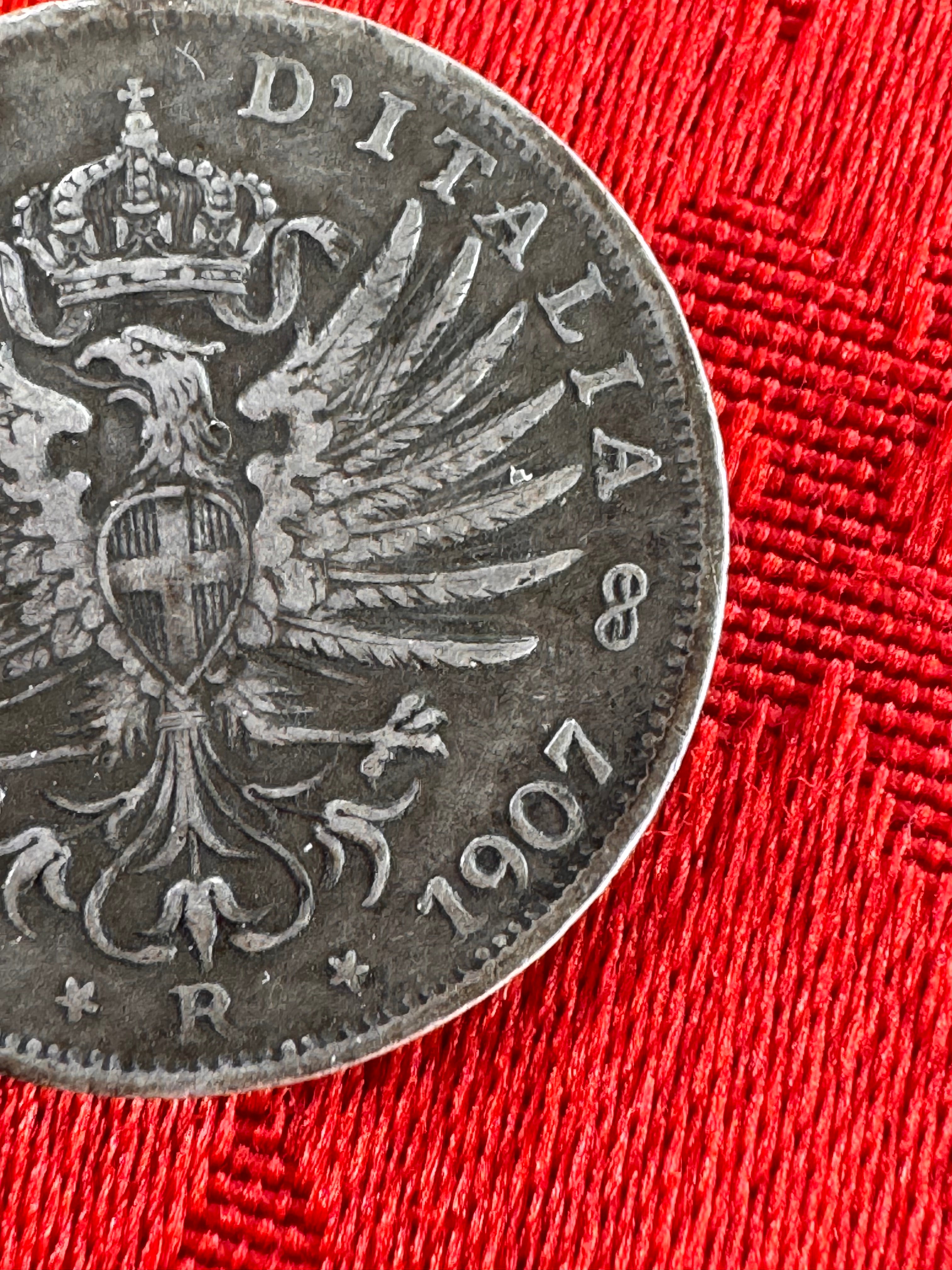 Italy Vittorio Emanuele III Silver 1907 R 1 Lira Last Year Coin