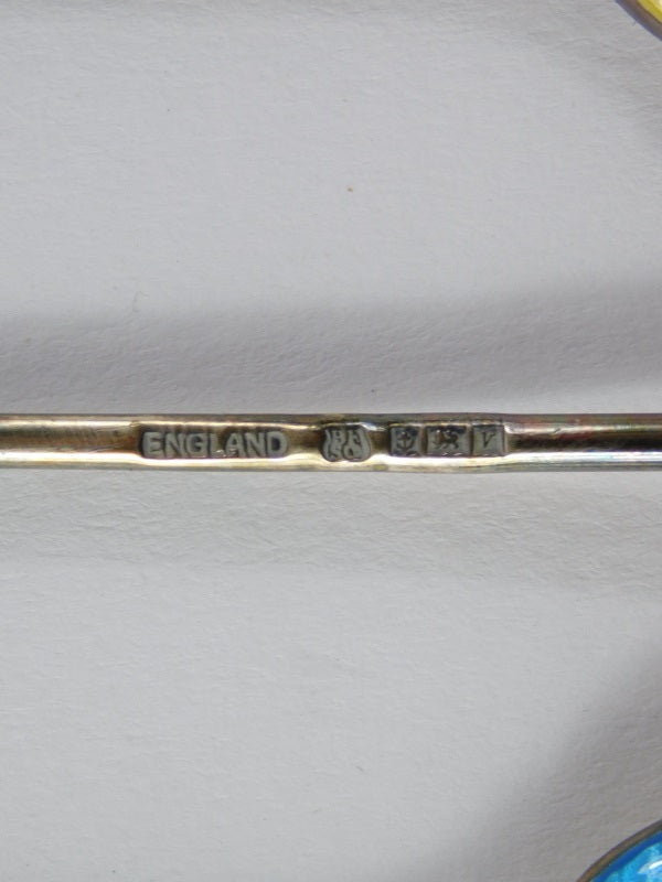 A cased set of six silver and enamel coffee bean spoons