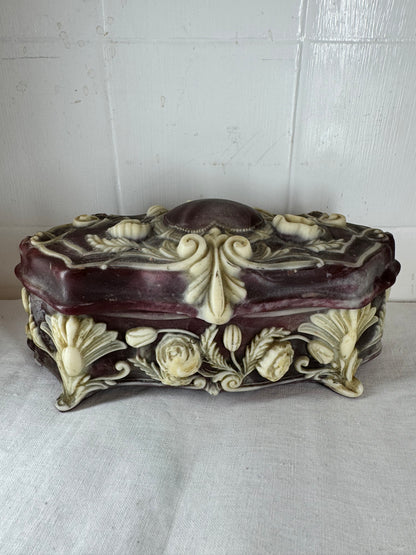 Vintage Incolay Stone Hand Carved Roses 7.5”x3.5” Hinged Jewellery Trinket Box