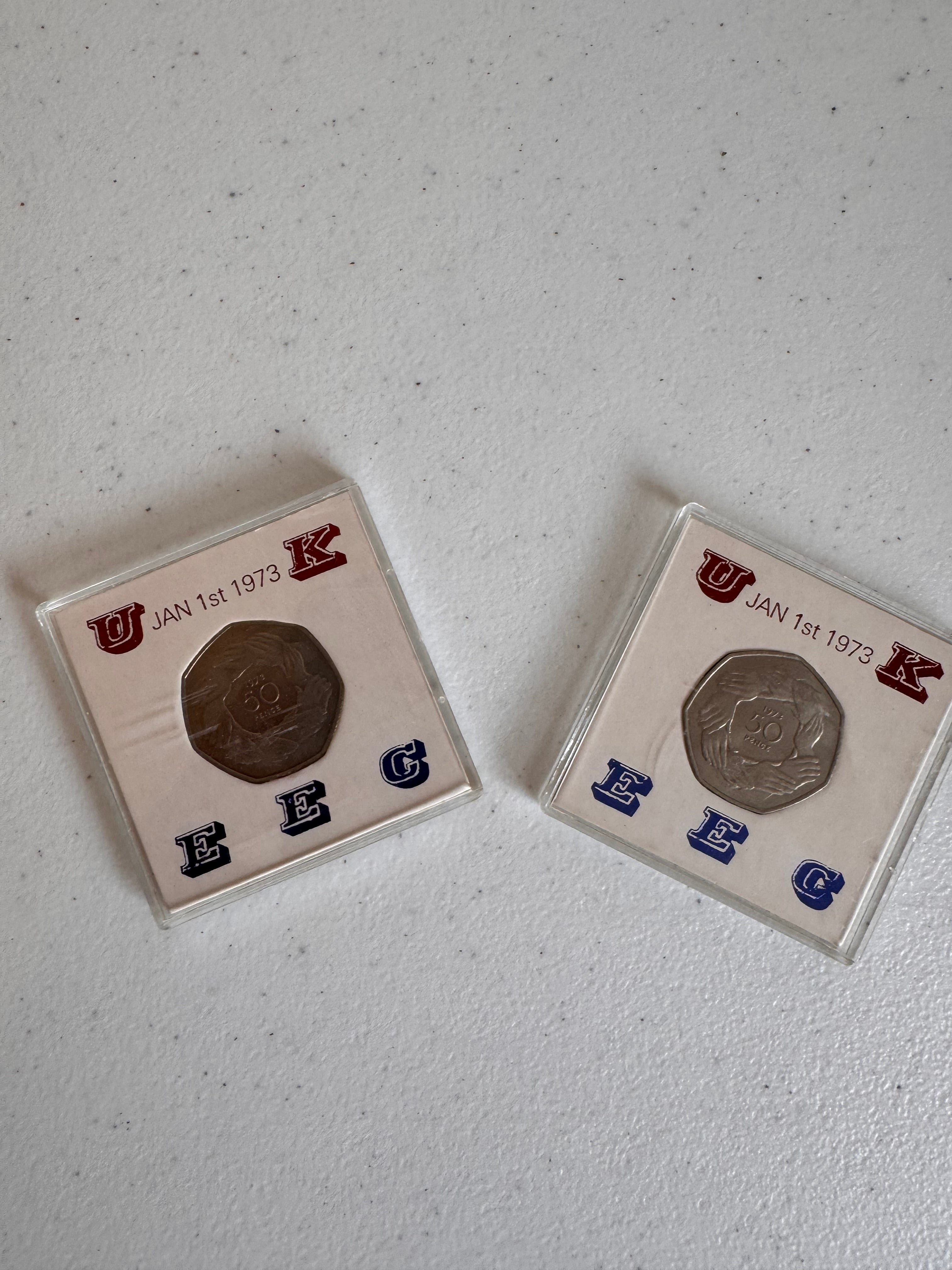 Lot 38: 1973 Rare 50p x 2 (Estimate £10)