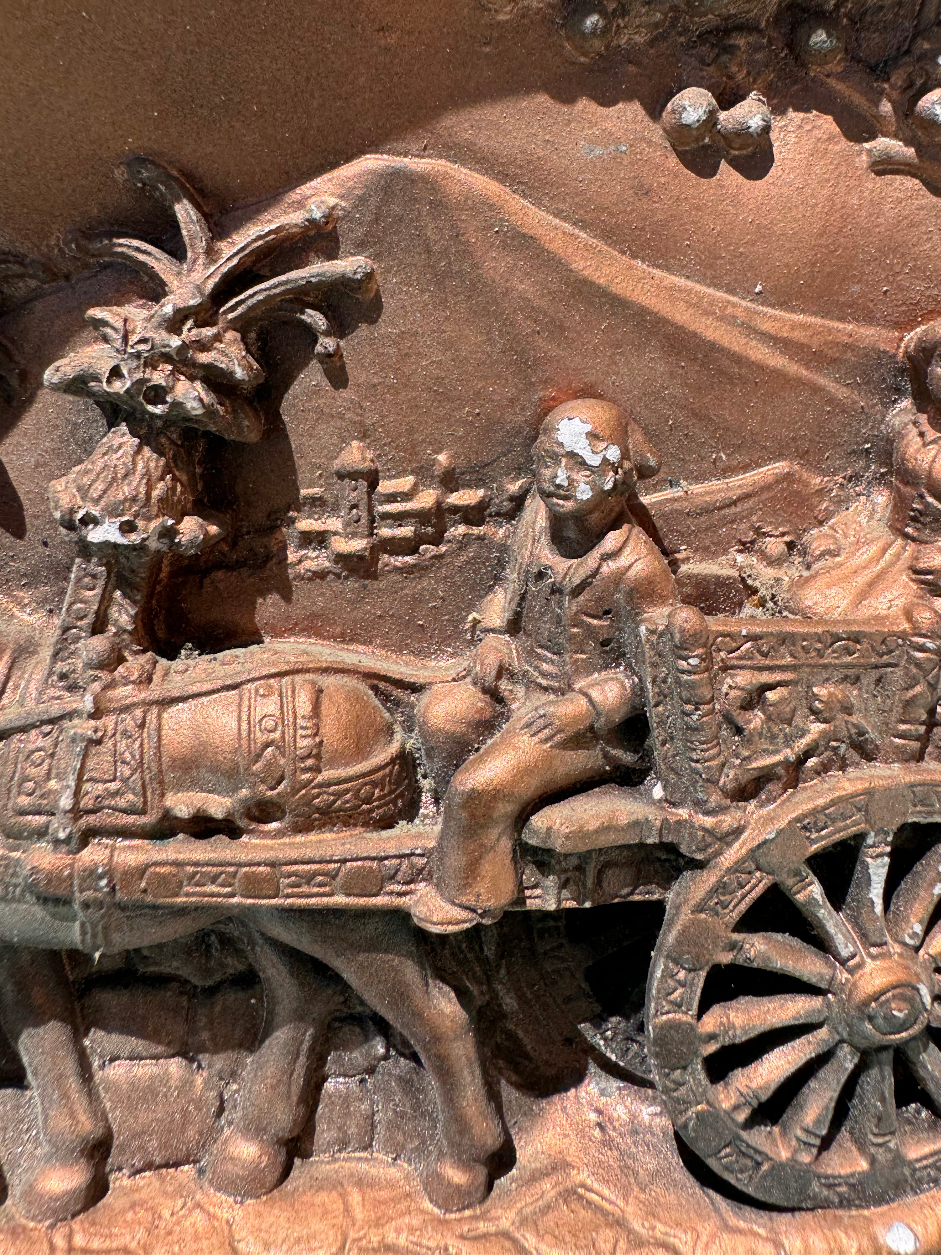 Hand made Man and horse on cart clay decorations signed