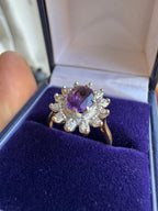 18ct Yellow Gold Platinum Amethyst Diamond Halo Ring