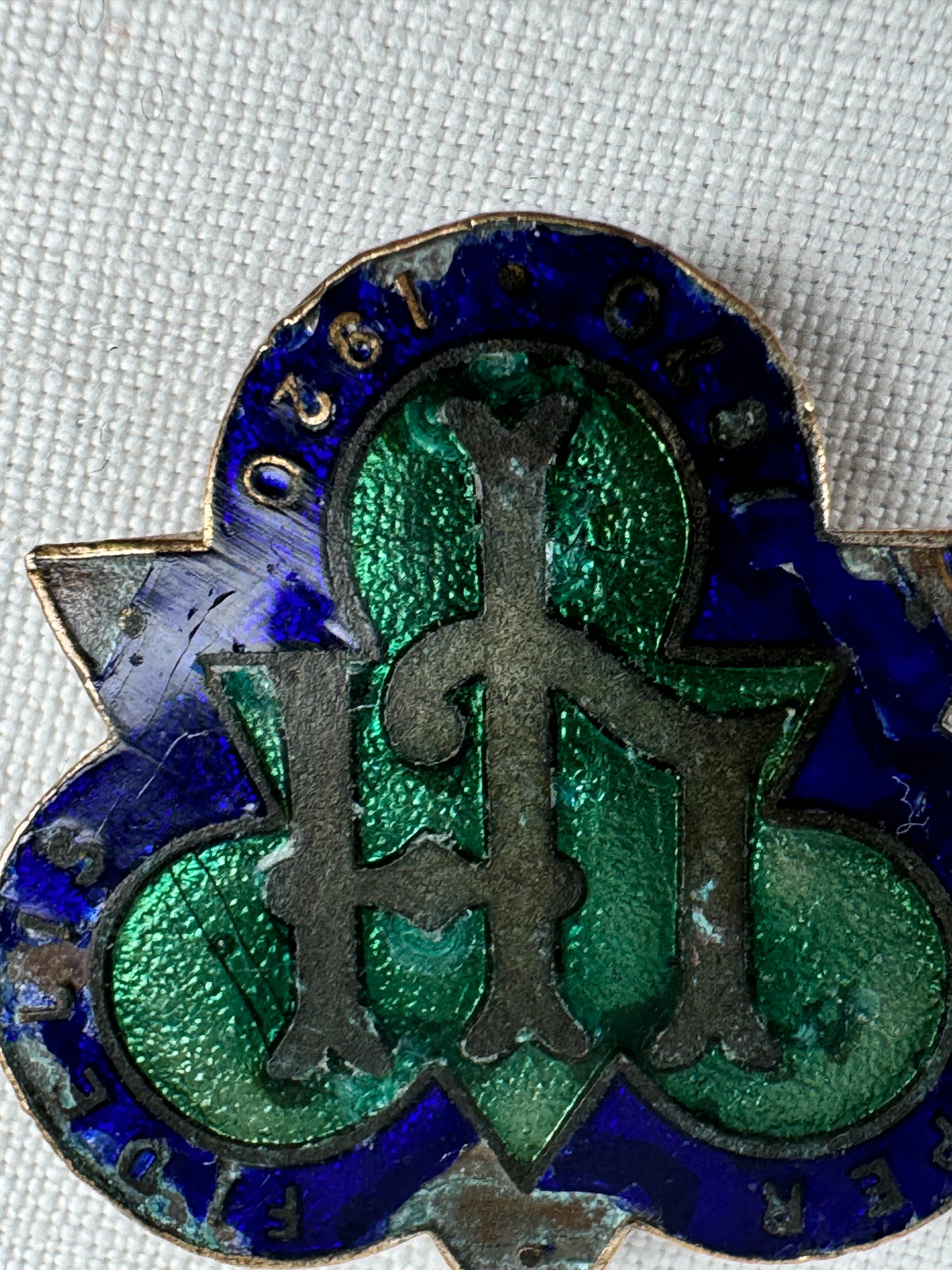 Two antique enamelled badges marked 'SEMPER FIDELIS 1870-1920' centrally  'L H'.