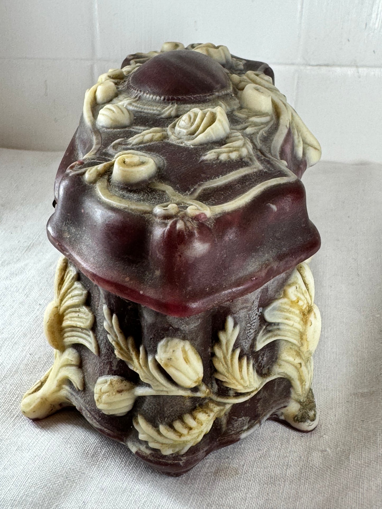 Vintage Incolay Stone Hand Carved Roses 7.5”x3.5” Hinged Jewellery Trinket Box