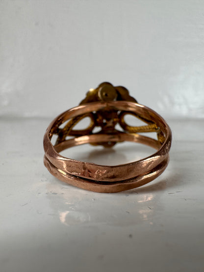 Vintage Italian Rose / Yellow Metal Pearl White Stone Ring