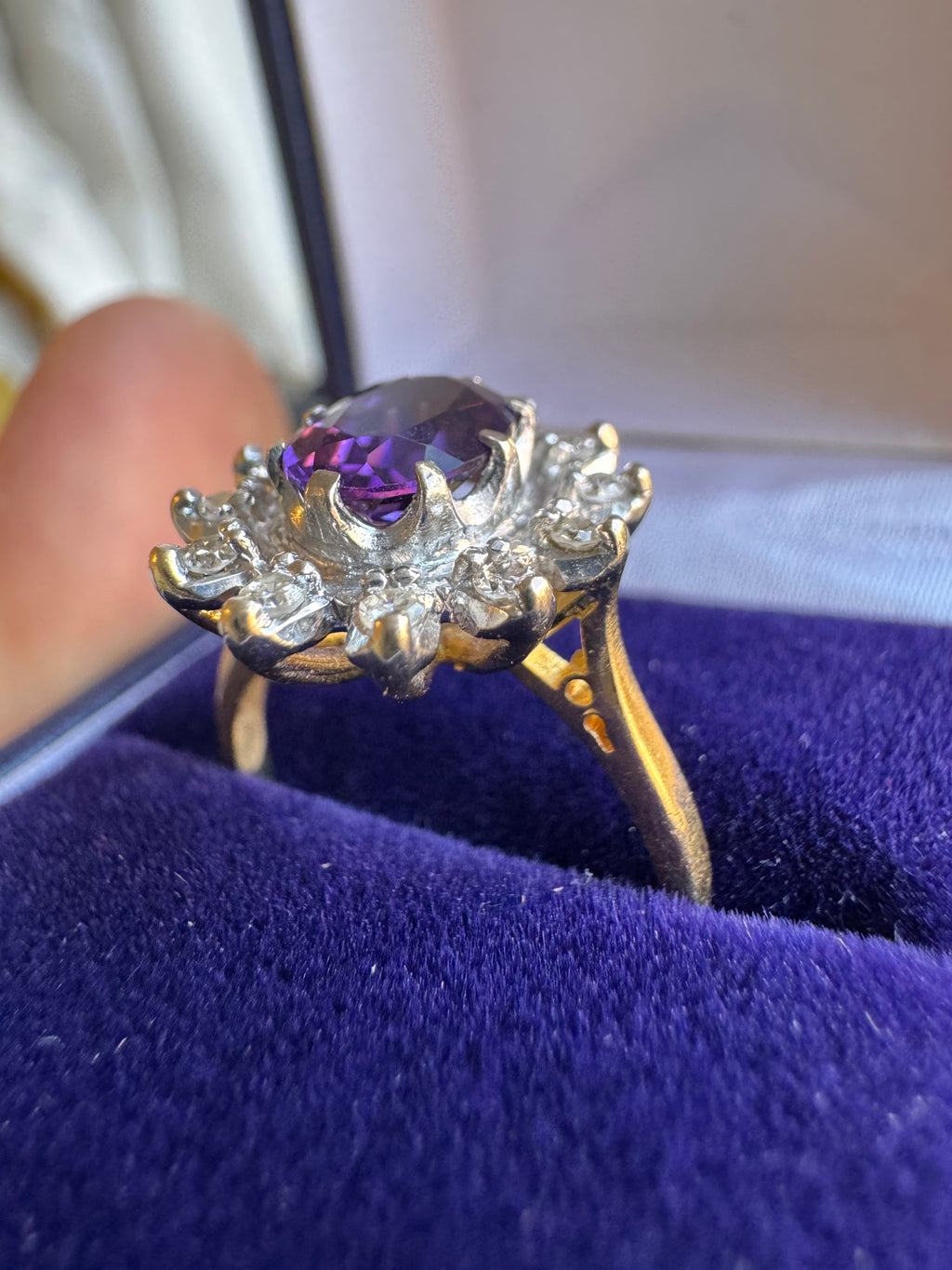 18ct Yellow Gold Platinum Amethyst Diamond Halo Ring