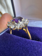 18ct Yellow Gold Platinum Amethyst Diamond Halo Ring