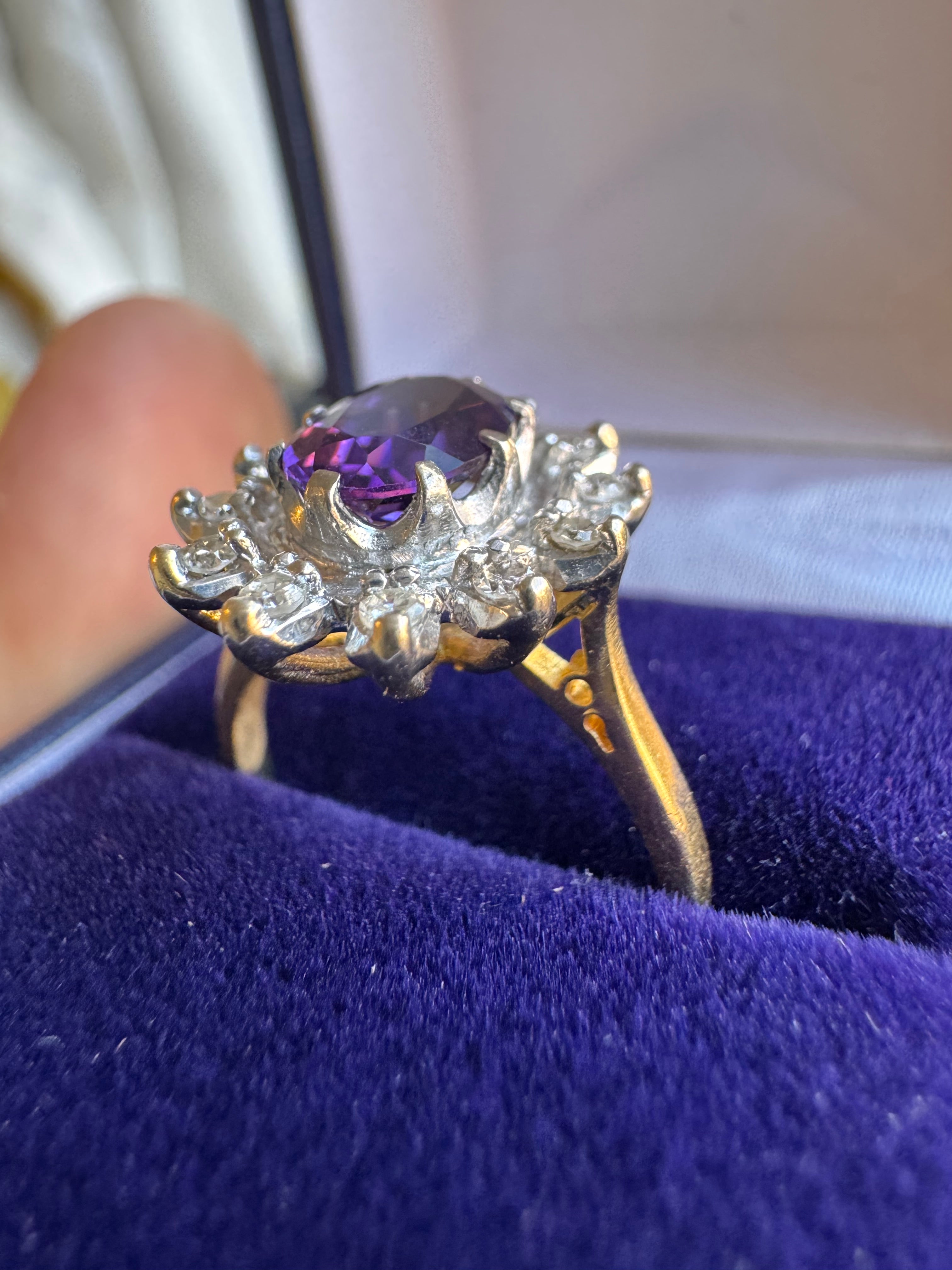 18ct Yellow Gold Platinum Amethyst Diamond Halo Ring