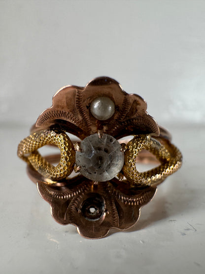 Vintage Italian Rose / Yellow Metal Pearl White Stone Ring