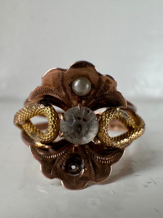 Vintage Italian Rose / Yellow Metal Pearl White Stone Ring