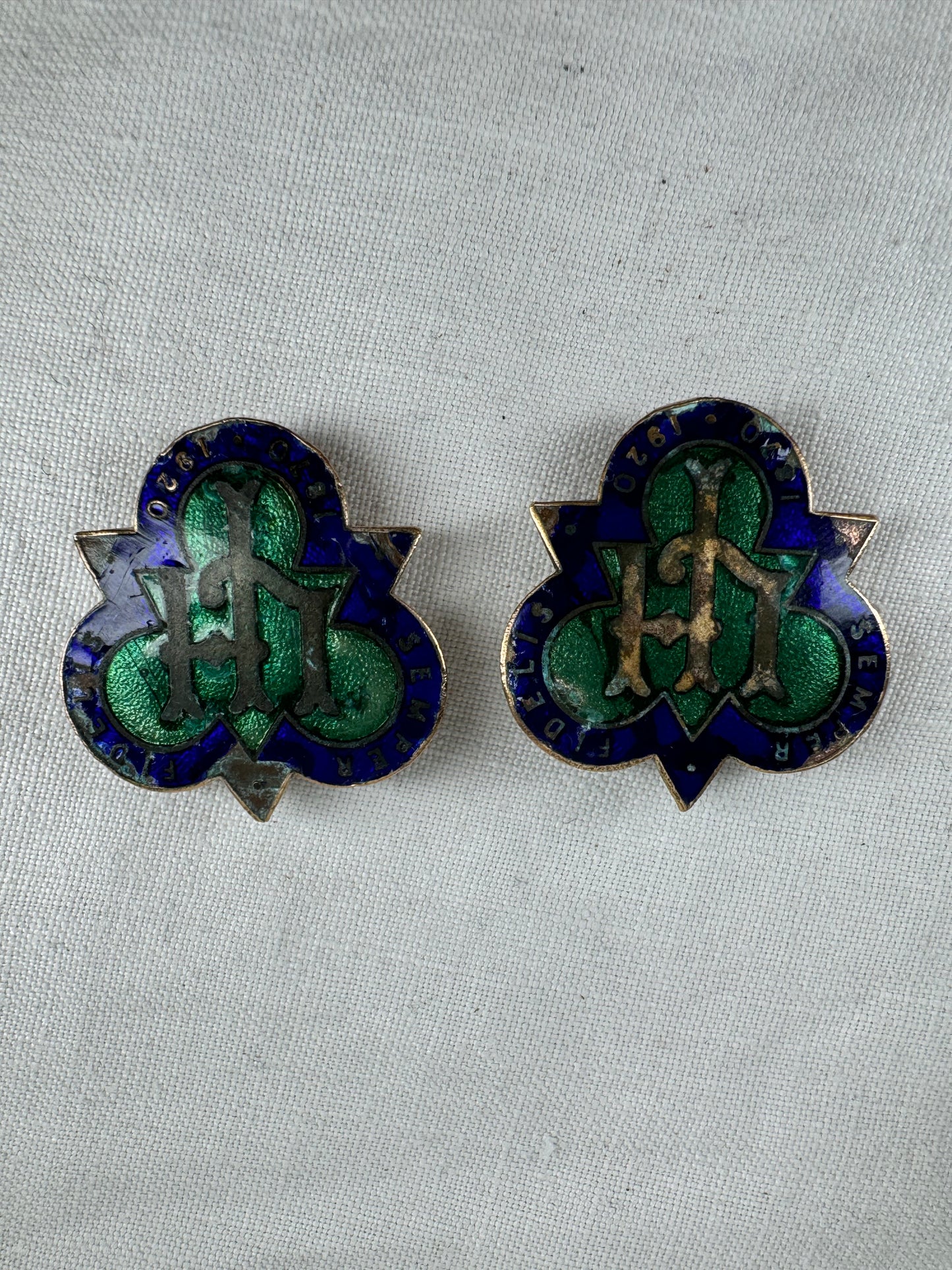 Two antique enamelled badges marked 'SEMPER FIDELIS 1870-1920' centrally  'L H'.