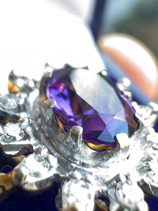 18ct Yellow Gold Platinum Amethyst Diamond Halo Ring