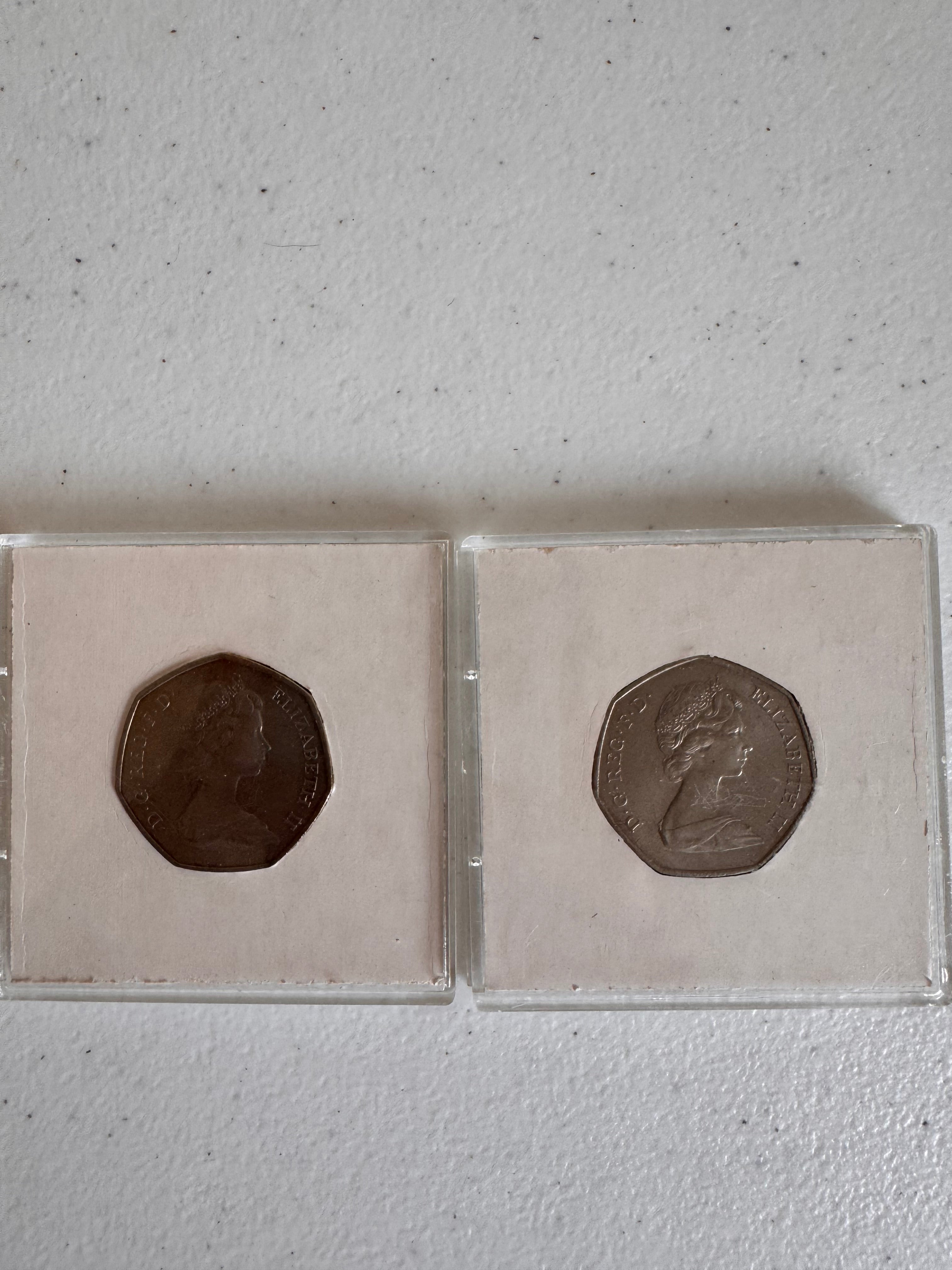 Lot 38: 1973 Rare 50p x 2 (Estimate £10)