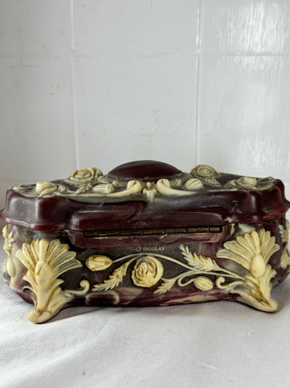Vintage Incolay Stone Hand Carved Roses 7.5”x3.5” Hinged Jewellery Trinket Box