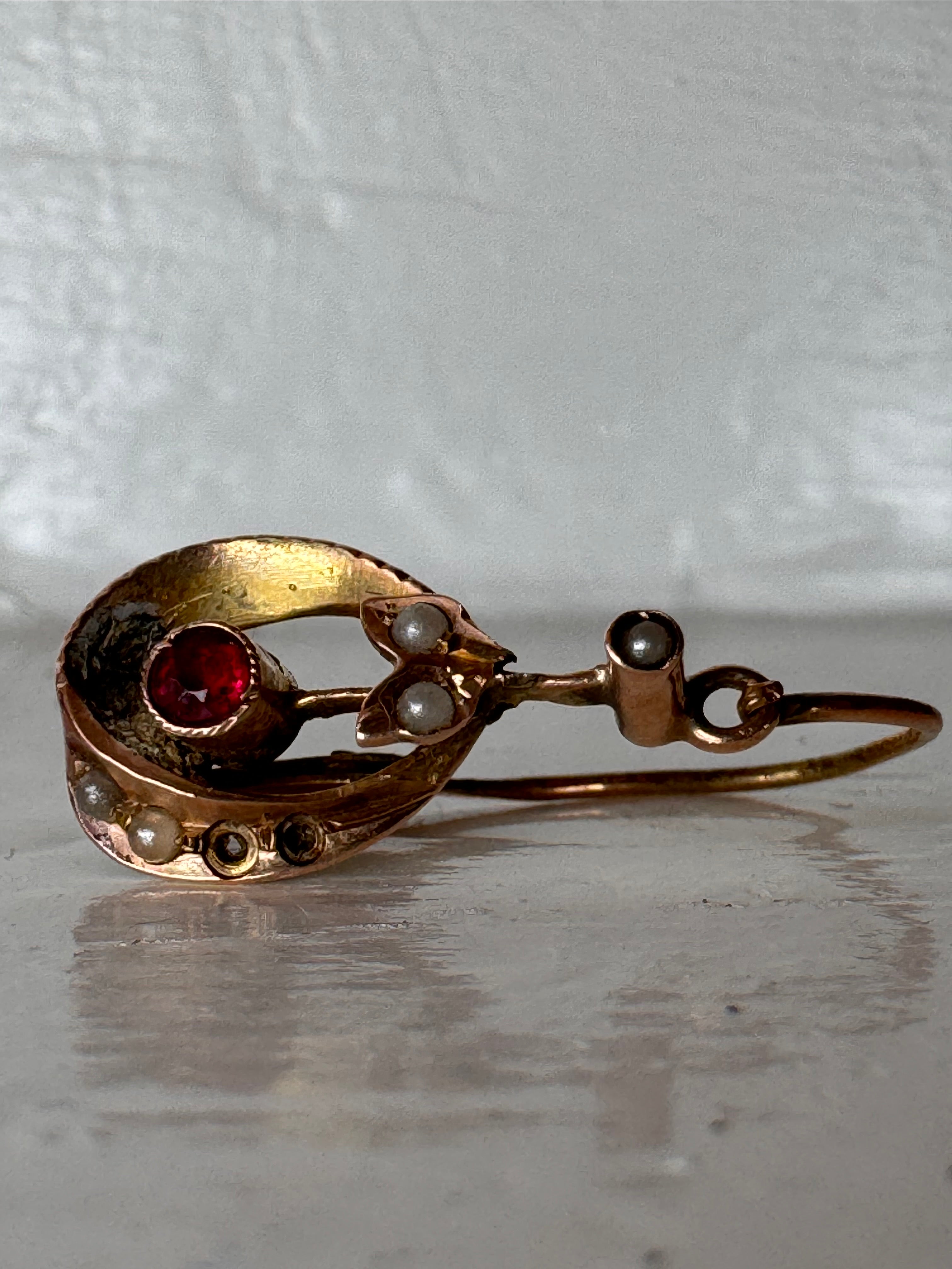 1920/30s Women’s Earrings 12K Rose Gold Pearls and Ruby - shows damage