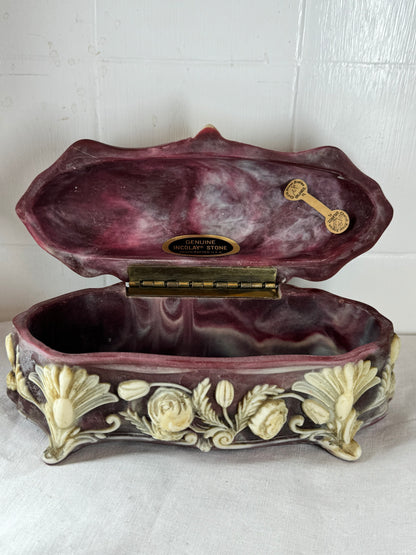 Vintage Incolay Stone Hand Carved Roses 7.5”x3.5” Hinged Jewellery Trinket Box