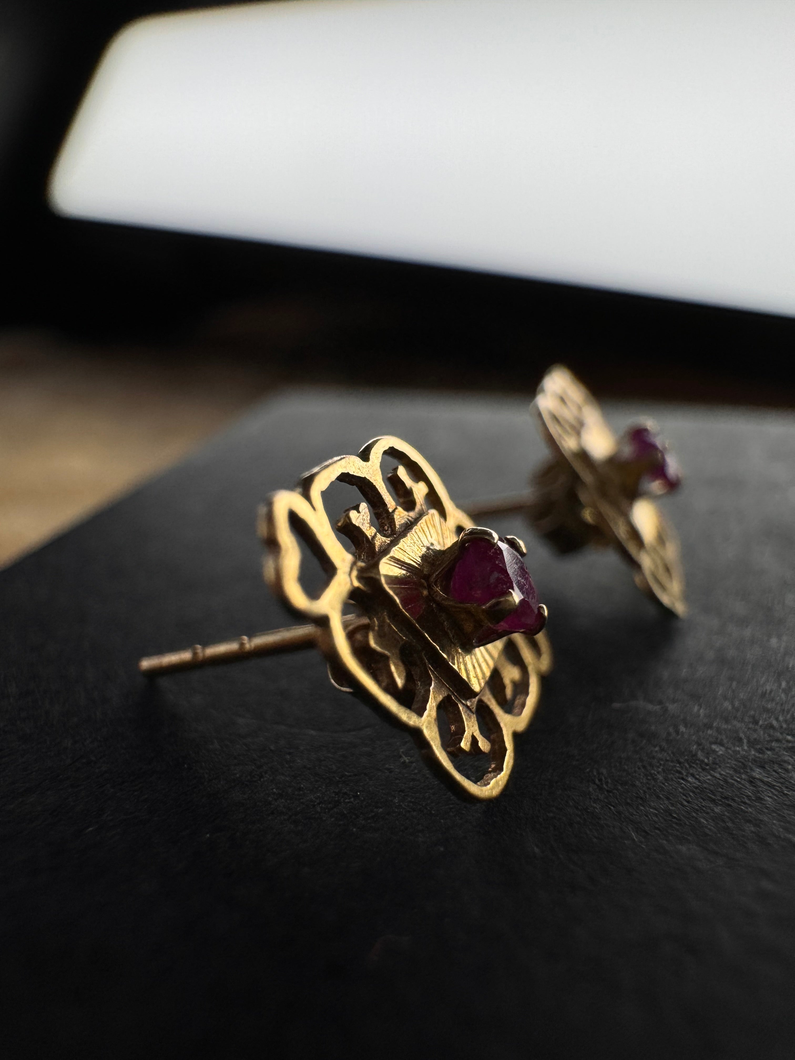9ct vintage Yellow Gold Ruby Heart Earrings