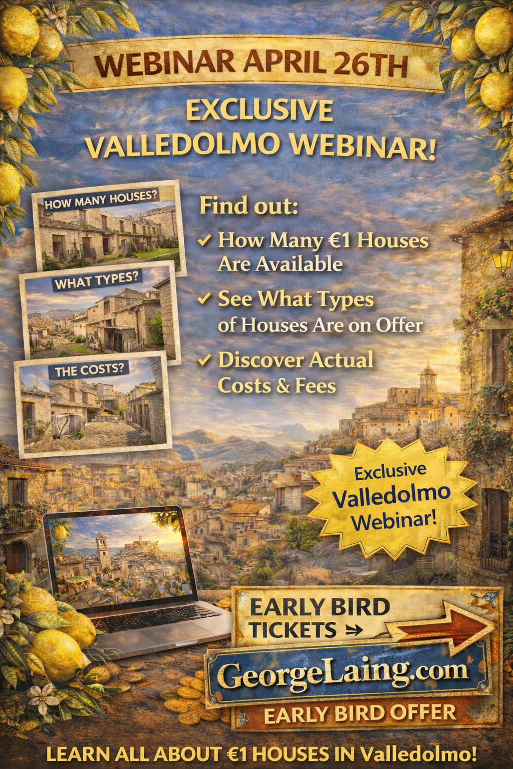 LIVE Webinar with George Laing (NEW 1€ Town: Valledolmo) How to buy a house for 1€ April 26th