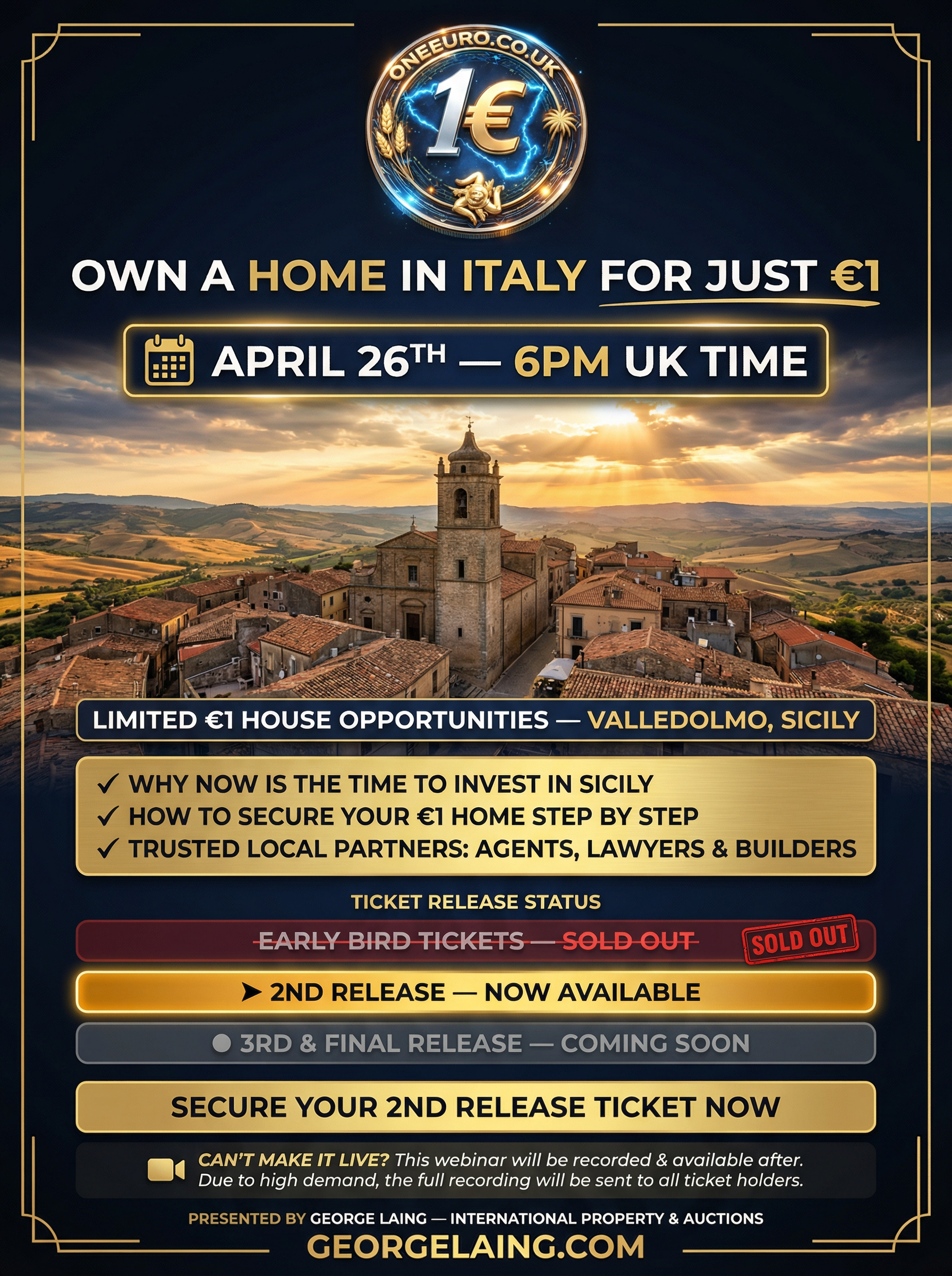 LIVE Webinar with George Laing (NEW 1€ Town: Valledolmo) How to buy a house for 1€ April 26th