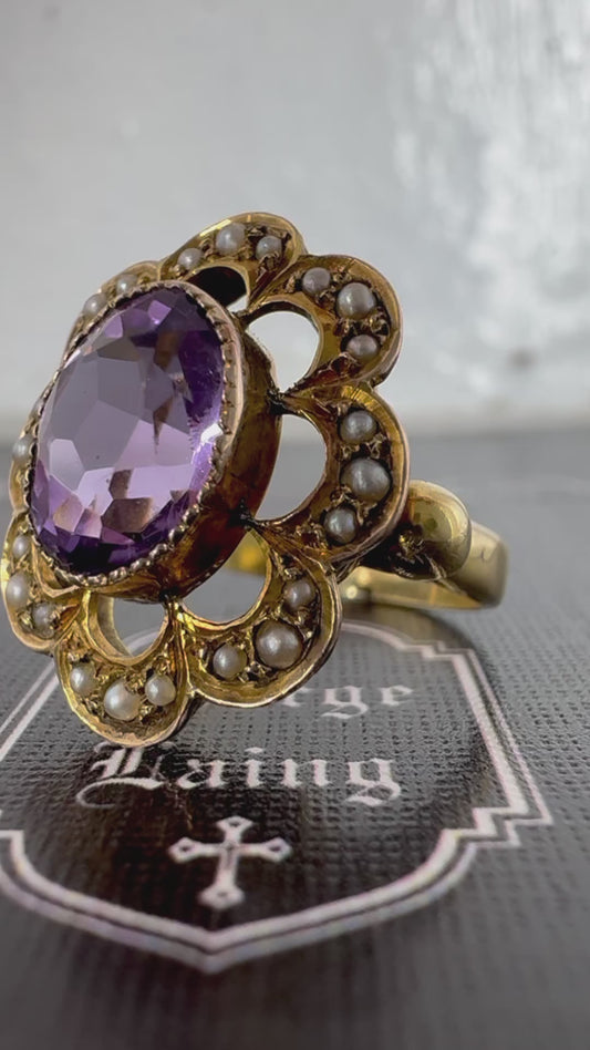 MARTHA.H Victorian 18ct Amethyst Pearl Floral Ring